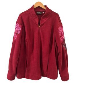 Bob Mackie Women's Fleece Wearable Art Floral Full Zip Jacket Red 3X